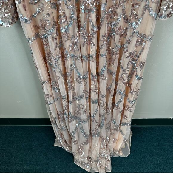 Mac Duggal Pink Embellished Illusion High Neck Long Sleeve A Line Gown Size 18 - Picture 12 of 13